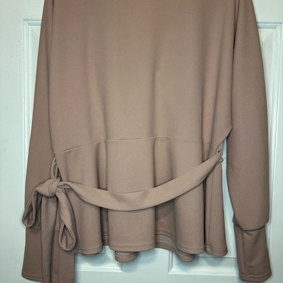 SHEIN 2X tie waist beige with pearls professional top long sleeves V neck - Picture 2 of 4